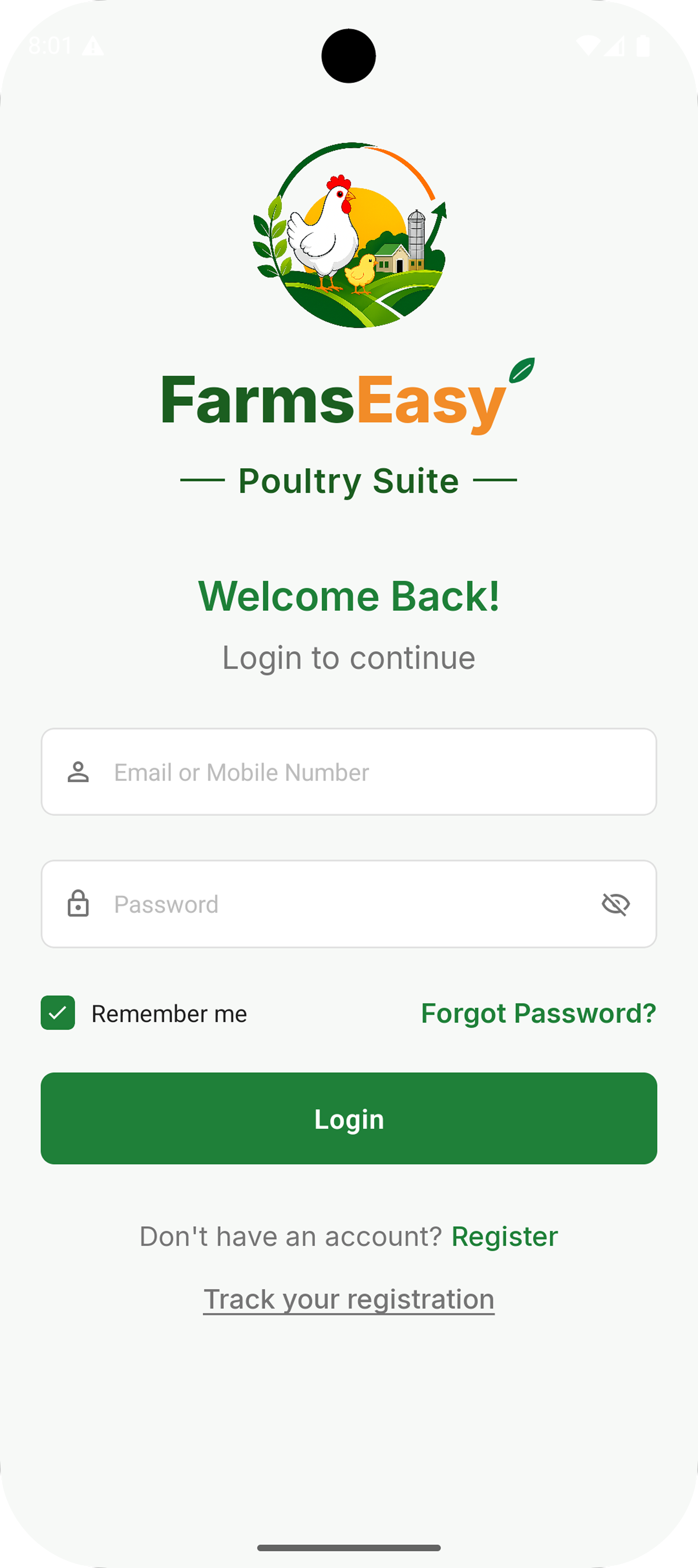 FarmsEasy app login screen